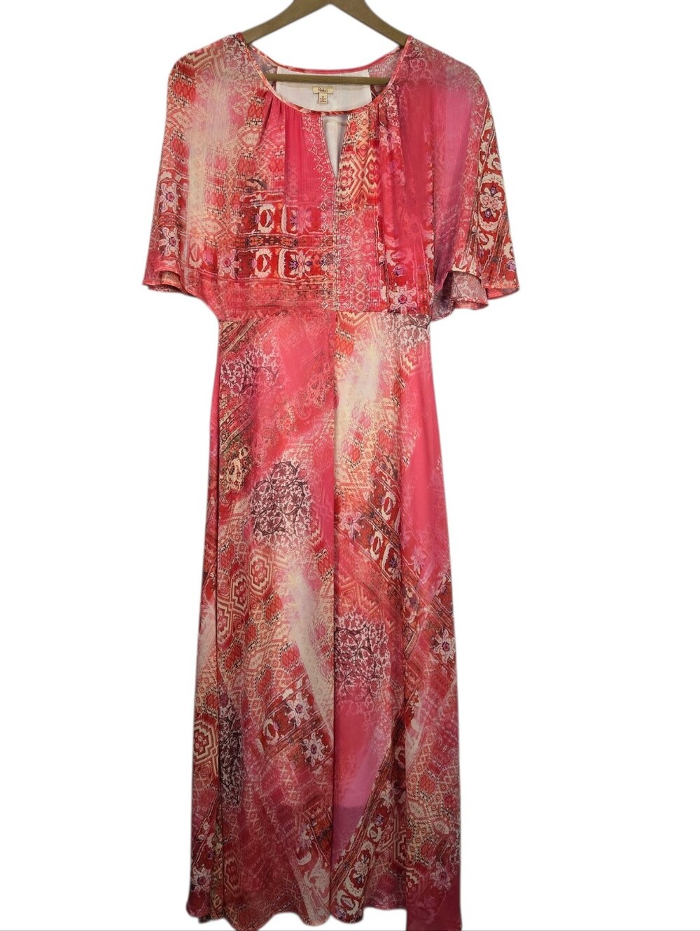 REBA Size S Multi-pink Maxi Dress, Split Flutter Sleeves & Beaded Front